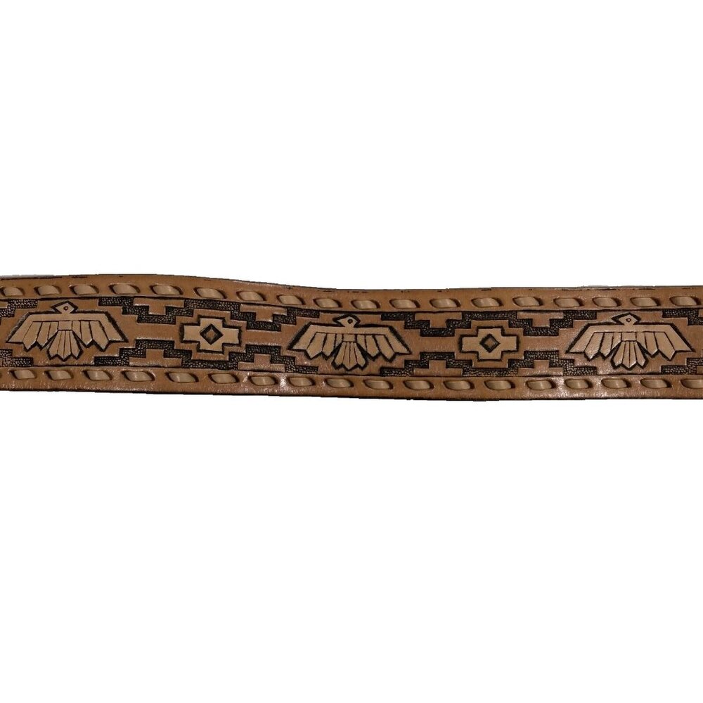 Justin Leather Belt Tooled Western Aztec Thunderbird Coachella Native American M - Picture 2 of 8